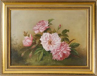 Vintage Oil on Canvas "Still Life of Pink Roses"