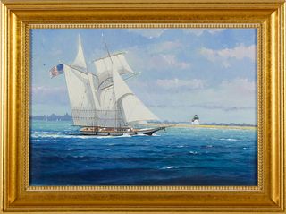 William Lowe Oil on Canvas "Top Sail Schooner Departing Under Full Sail Nantucket"