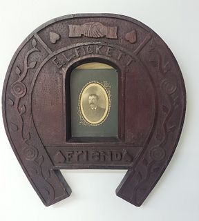 Folk Art Chip Carved, "E.L. Fickett Friend", Lucky Horseshoe Plaque, 19th Century
