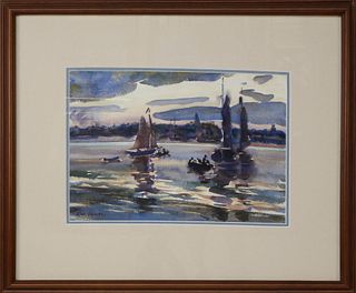 Edgar W. Jenney Scarce Watercolor on Paper "View of the Town of Nantucket From the Harbor"
