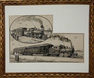Warren Chase Merritt Pen, Ink and Wash on Paper "Illustration Nantucket Railroad"
