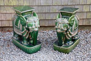 Pair of Green Glazed Ceramic Chinese Royal Elephant Garden Stools