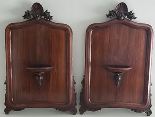 Pair of Carved Mahogany Hanging Plate Shelves, 19th Century