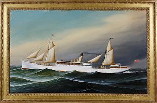 Antonio Jacobsen Oil on Canvas "Portrait of a White Hull Steam Yacht", circa 1887