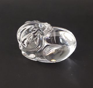 Vintage Signed Steuben Clear Crystal Figural Ram Hand Cooler Paperweight