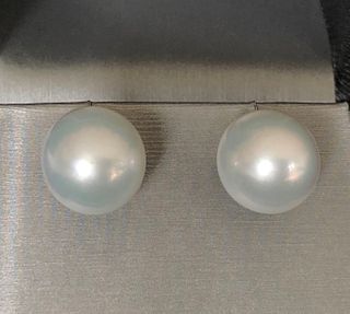 Fine Pair of 13mm White South Sea Pearl Earrings, 14k Gold