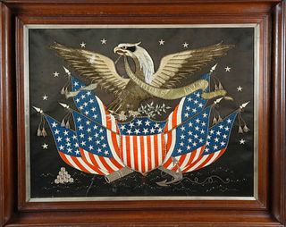 Chinese Export Silk Embroidery on Fabric of Eagle and American Flags