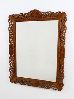 Chinese Export Carved Sandalwood Pierced Frame with Mirror