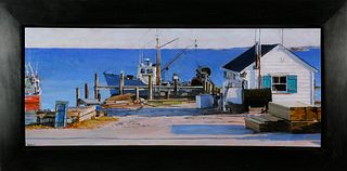Peter E. Poskas III Oil on Board "Wharf at Noank"