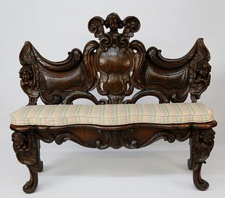 English Carved Oak Rococo Revival Hall Bench, 19th century