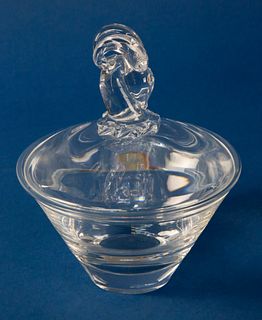Signed Steuben Clear Glass Crystal Ram's Head Covered Candy Dish