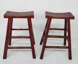 Pair of Vintage Chinese Red Painted Counter Top Barstools