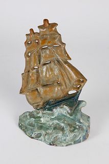 Vintage Painted Cast Iron Clipper Ship on the High Seas Doorstop