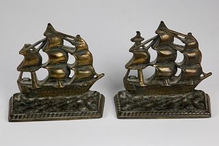 Pair of Vintage Brass Clipper Ship Bookends