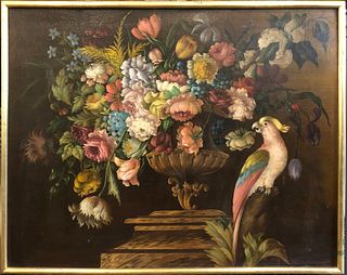 Arthur Lasslow Oil on Masonite "Floral Still Life in a Tabletop Vase with Parrot"