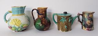 Four Antique Majolica Pitchers and Covered Tea Pot