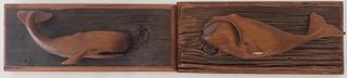 Pair of Vintage Folk Hand Art Carved Pine Whale Plaques