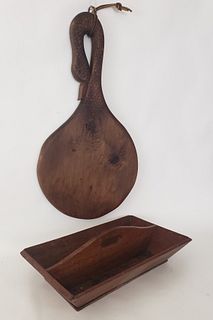 Antique Folk Art Figural Swan Carved Cutting Board and Cutlery Tray