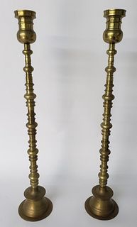 Pair of Heroic Vintage Brass Multi Turned Floor Standing Candlesticks