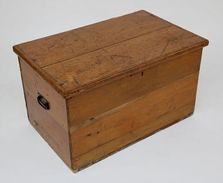 1930s Pine Hinge Top Trunk with Applied Iron Carrying Handles
