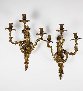 Pair of French Bronze Three-Light Ormolu Sconces