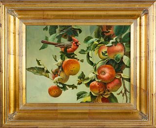 Nina Ward Oil on Panel "Cardinal on Fruiting Apple Bough"