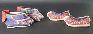 Two Pairs of Antique Chinese Embroidered Shoes