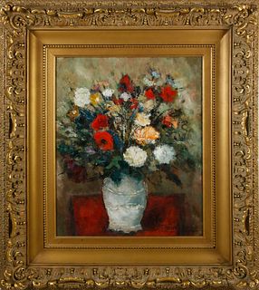 Jean Kausch Oil on Board "Flower Filled Vase Still Life"