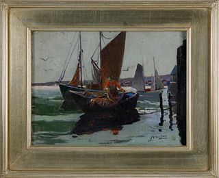 James Milton Sessions Oil on Canvas Board "Fisherman at Pier"