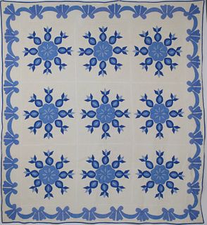 Blue and White Calico "Snow Flake" Pattern Applique Quilt
