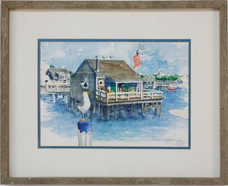 Barbara Kauffmann-Locke Watercolor on Paper "Nantucket Wharf Cottage"