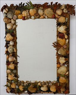 Shell Encrusted Mirror with Cut Leather Foliage and Tumbled Stones