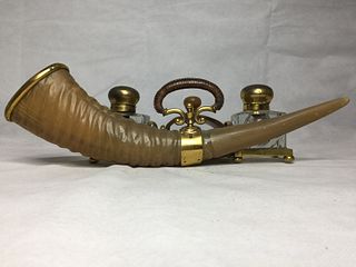 19TH C HORN AND GLASS INKWELL ,L47CM