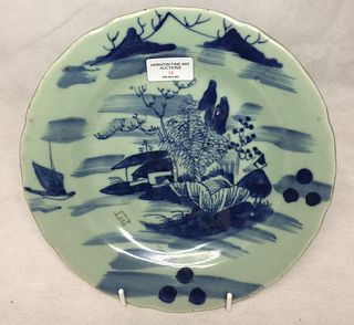 CHINESE CELDON BLUE AND WHITE PLATE ,D 26CM
