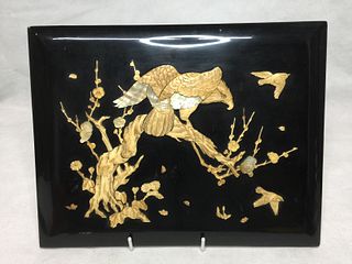 JAPANESE IVORY CRAVED EGALE AND BIRD ON LACQUER ,D 35.5CM X 27.5CM 