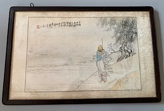 CHINESE HAND PAINTING FIGURES IN HARDWOOD FRAME, 62.5CM X 40CM