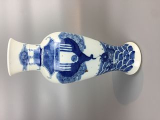 CHINESE BLUE AND WHITE PORCELAIN VASE, PAINTED DRAGON AND FISH ,H 29CM