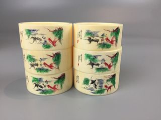 SIX CHINESE IVORY CRAVED AND PAINTED NAPKIN RING, 4.6CM X 2.1CM