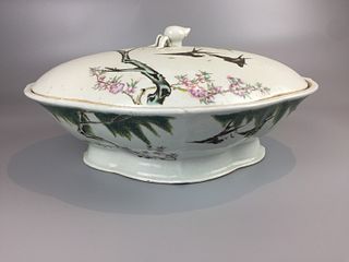 LARGE CHINESE PORCELAIN BOWL AND COVER , 35CM X 27CM X 17CM 