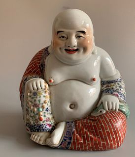 CHINESE FAMILLE ROSE LAUGHING BUDDHA ,H 19.5CM