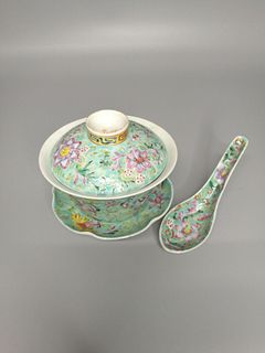 CHINESE FAMILLE ROSE TEA BOWL WITH COVER , STAND AND SPOON ,H10.5CM D 11.5CM