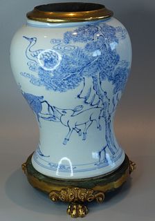 A CHINESE BLUE AND WHITE VASE WITH BRONZE FITTING,DRILLED ,H 29.5CM ,VASE ONLY 24.5CM 