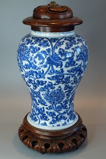 A CHINESE BLUE AND WHITE VASE WITH HARDWOOD STAND AND COVER ,H 37CM ,VASE ONLY H 25CM.