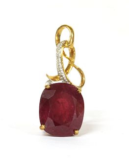 A 9ct gold fracture filled ruby and diamond pendant,