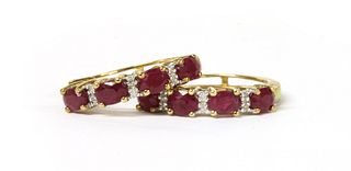 A pair of 9ct gold fracture filled ruby and diamond hoop earrings,