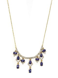 An 18ct gold tanzanite and diamond fringe necklace,
