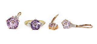 A 9ct gold pentagonal fantasy cut amethyst and diamond ring, pendant and earrings suite,