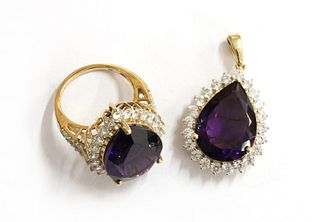 A 9ct gold pear cut amethyst and zircon cluster ring,