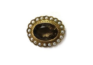 A 9ct gold smoky quartz and split pearl brooch,