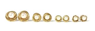 Four pairs of gold cultured pearl stud earrings,